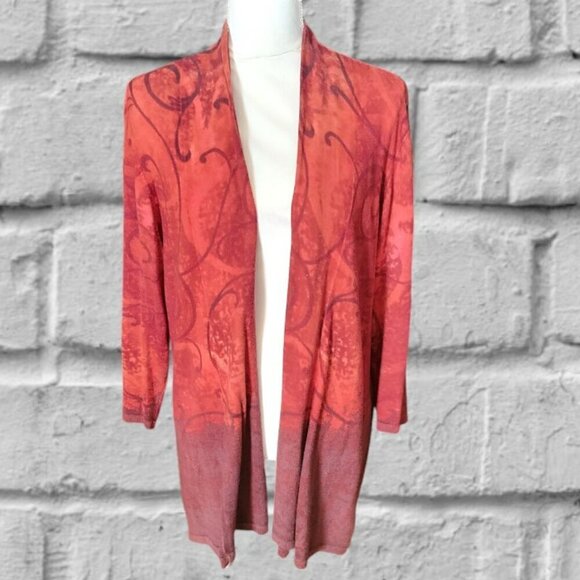 Sweaters - Reddish Orange Long Sleeve Open Cardigan with Swirl Design Top Size L/XL